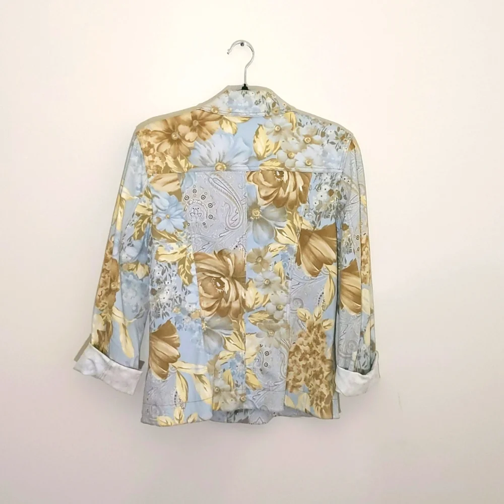 Apanage| Floral Cotton Denim Look Button Up Jacket With Front Pockets - Picture 3 of 13